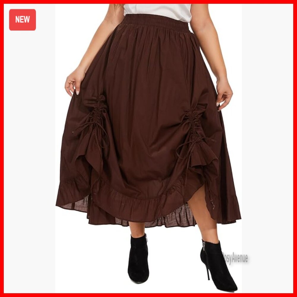 Plus Size Cotton Maxi Skirt With Pockets Ruched Victorian Renaissance Style